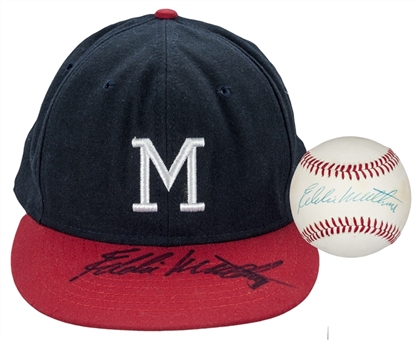 Lot of (2) Eddie Mathews Autographed Cap and Baseball (PSA/DNA)